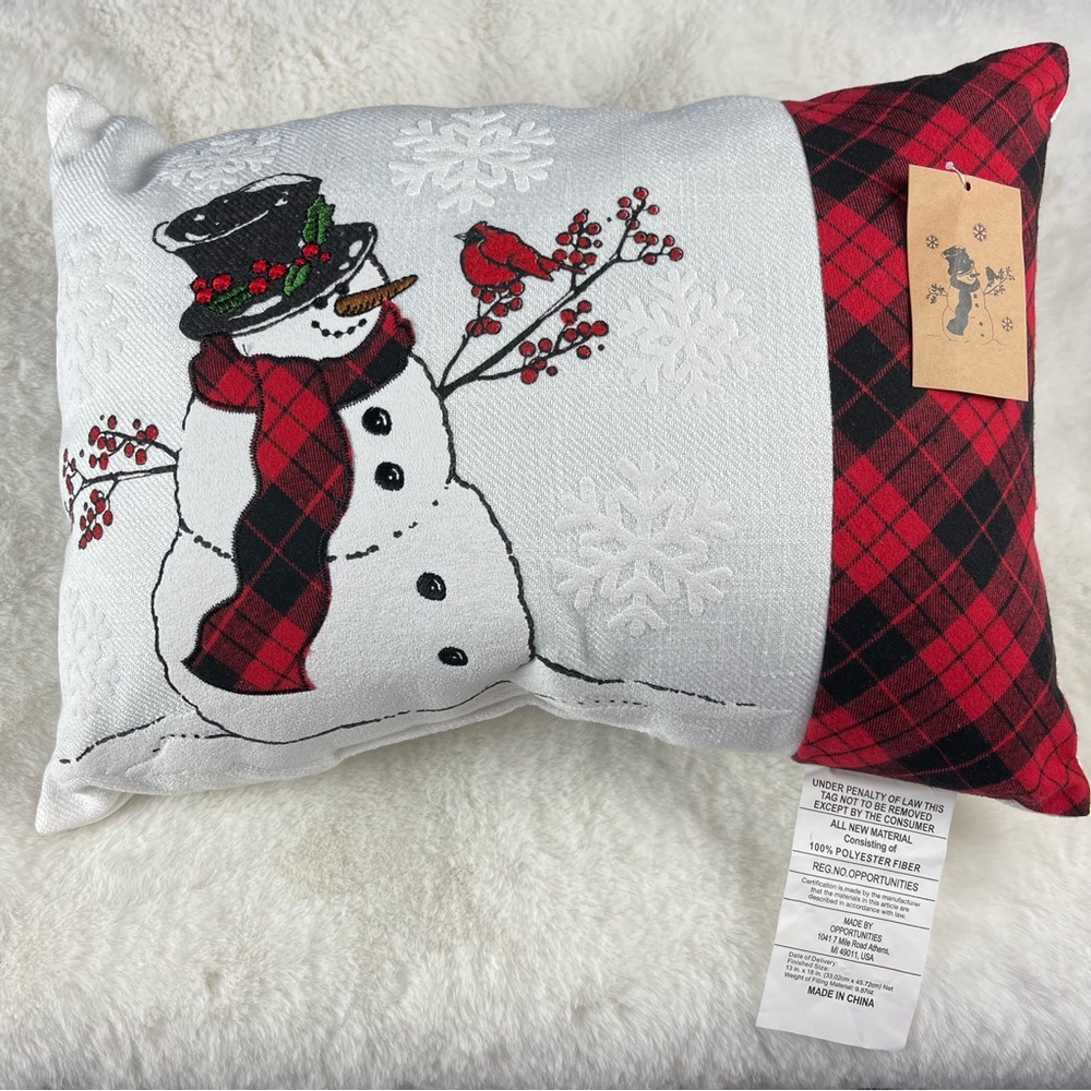 Christmas Pillow Snowman w/Black Red Plaid Accent Decorative Snowflakes 18 x 13